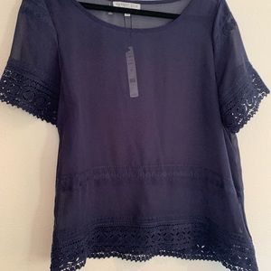 August Silk Navy Blue Sheer Top with beautiful embroidery detail